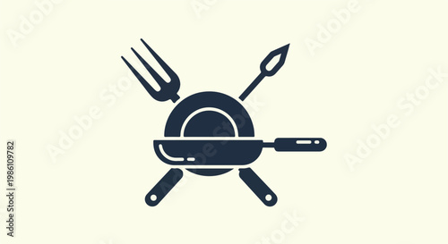 Crossed grilling fork and skewer over a frying pan