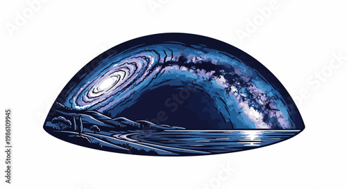 Curved panorama of a cosmic swirl over a serene, dark landscape by the water