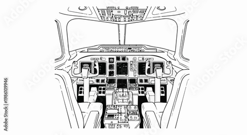 Detailed black and white illustration of an aircraft cockpit with complex controls