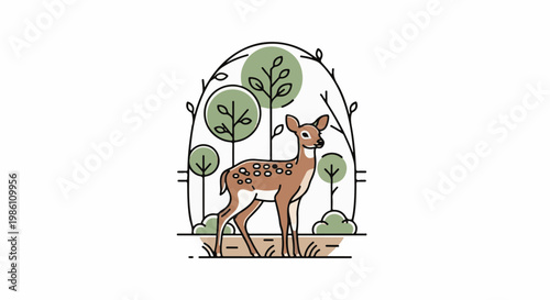 Delicate line art illustration of a fawn standing in a stylized forest setting