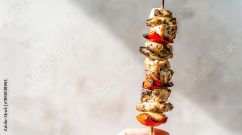 Grilled chicken and red pepper skewer upright on clean background with text space
