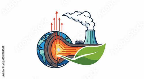 Cutaway of Earth shows internal heat rising; power plant emits smoke