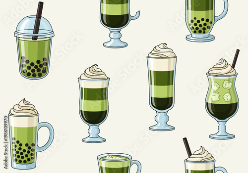 Matcha Green Tea Beverages Illustration: Boba Tea, Iced Lattes, and Frappes with Tapioca Pearls and Whipped Cream