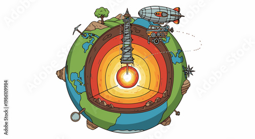 Cutaway earth with drilling tower, dirigible, and exploration vehicle