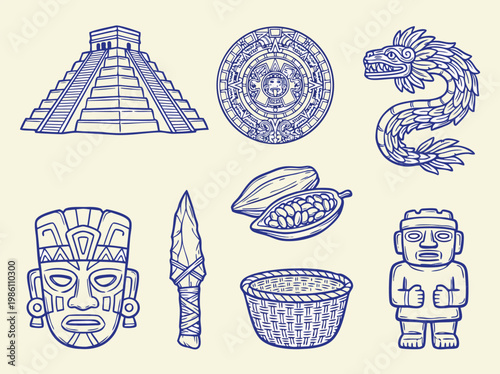 Ancient Mesoamerican Symbols and Artifacts Collection.