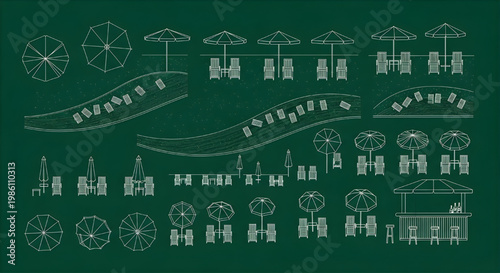 Beach Resort Elements Blueprint Icon Set – Umbrellas Sunbeds Shoreline and Beach Bar AutoCAD Multi View Landscape Technical Drawing White Outline on Dark Green Background