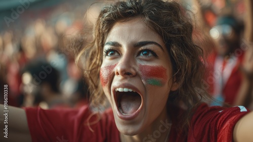 Euphoric woman in a football stadium with her face painted with the colors of the Jordanian flag, cheering and supporting her team.