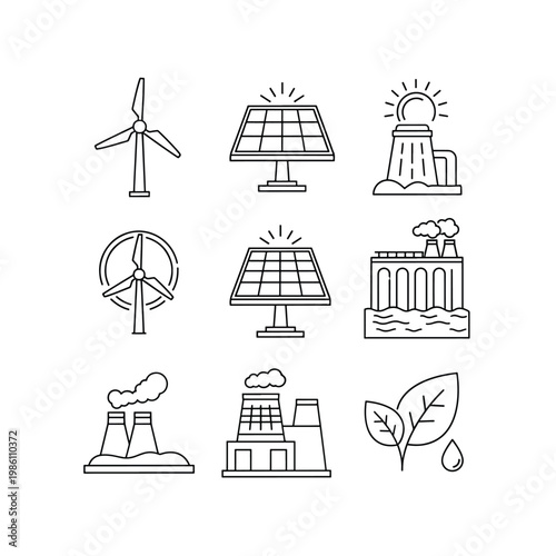 Clean energy icons depict sustainable power generation methods and eco-friendly technology