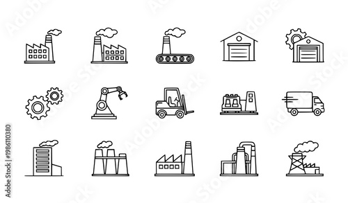 Simple factory line icons set modern industrial outline symbols for manufacturing production and industry vector collection