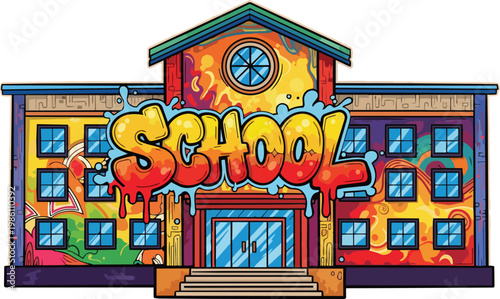 Graffiti Art School Building With Colorful Designs And The Word School Written In Bold Letters