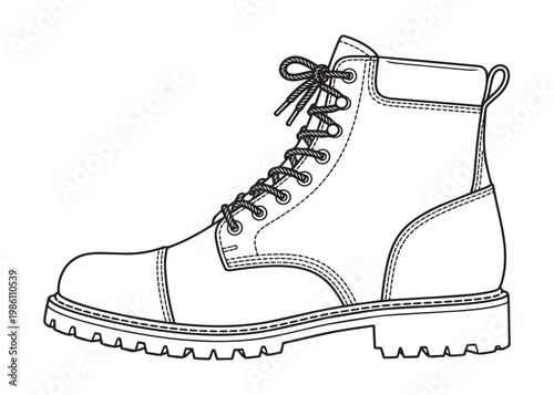 Leather work boot footwear with shoelaces and durable rubber sole professional vector illustration.