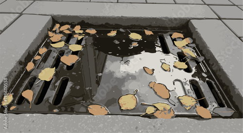 Fallen autumn leaves rest on a wet metal grate next to pavement