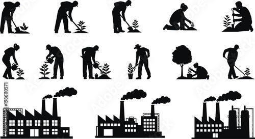 Gardening people silhouettes and industrial factory buildings vector set, human planting activities, eco lifestyle concept, urban industry pollution icons, black silhouette illustration collection