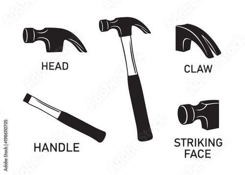 Hammer tool parts and main assembly vector illustration.
