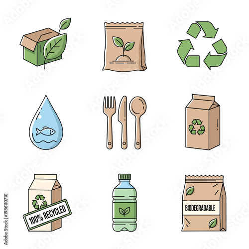 Biodegradable product icons show eco-friendly packaging and recycling