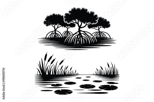 Black silhouette vector illustration of mangrove trees and wetland reeds