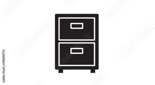 Simple black icon depicting a two drawer filing cabinet on legs