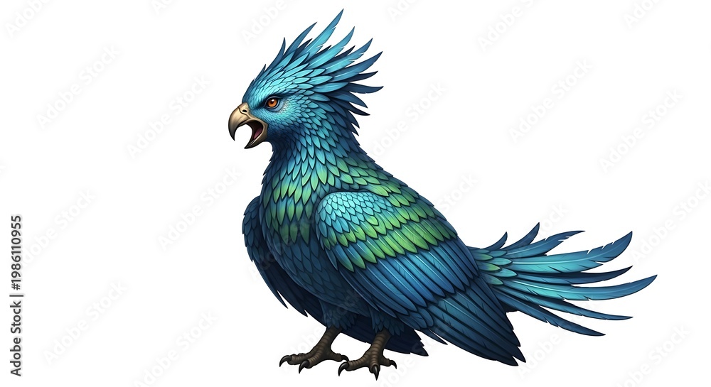 Fototapeta premium Blue-green fantasy bird with spiky crest and plumage, fantasy creature