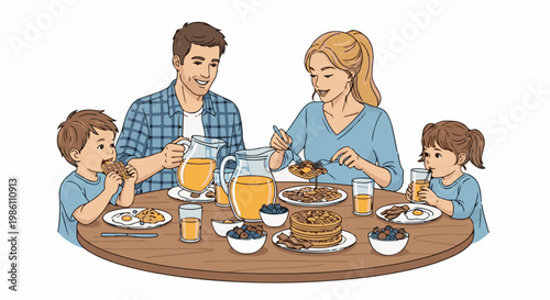 Family enjoying a breakfast spread of waffles, juice, and berries