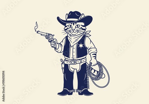 Funny Anthropomorphic Cat Cowboy Sheriff Illustration Holding Smoking Revolver and Lasso