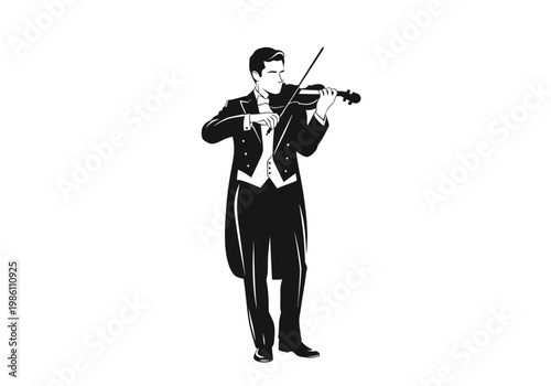 Professional Violinist in Tuxedo Vector Illustration, Elegant Male Musician Playing Violin Line Art Icon