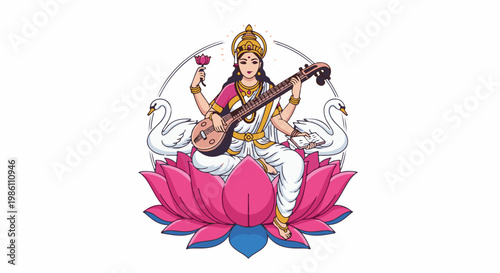 Divine being with lute, swan, lotus, and book