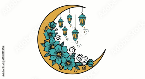Crescent moon adorned with teal flowers and hanging lanterns