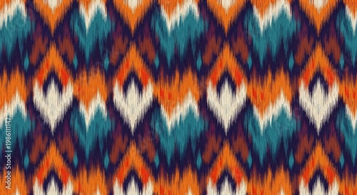 Vibrant Ikat Fusion: Warm Oranges, Teal & Deep Indigo Abstract Textile Art