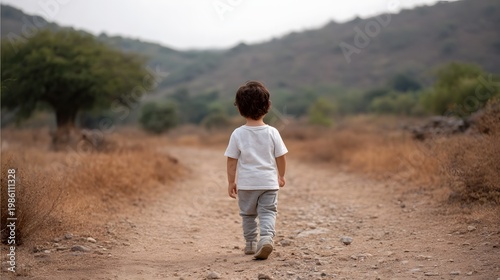 A small child walking away down a dusty dirt path through a natural overgrown landscape