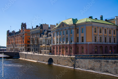 Photography Waterfront architecture in Stockholm Sweden with historic buildings along the ri
