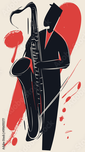 Abstract minimalist vector illustration of jazz musician playing saxophone with red and black ink splash accents and stylized figure design for music concept
