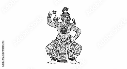 Detailed line drawing of a fierce, ornate, mythical warrior in a crouching pose
