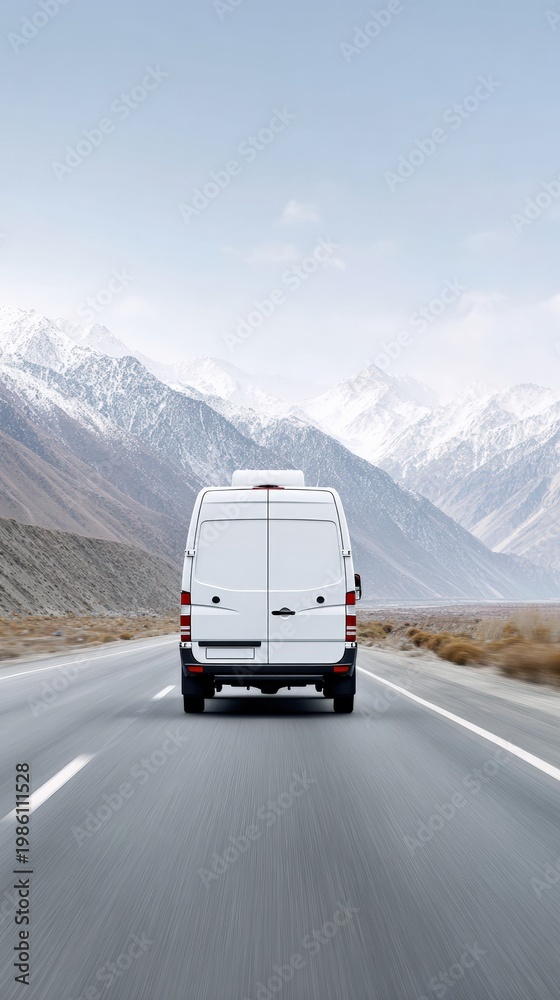 Obraz premium White van driving on highway toward snow capped mountain range