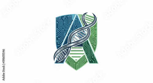 DNA helix over stylized shield with circuit board patterns