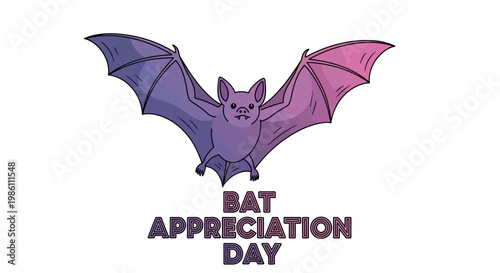 A vector illustration celebrates Bat Appreciation Day with a stylized flying bat silhouette set against a clean white background, utilizing shades of purple and pink in a cartoonish style