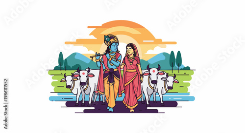 Divine couple with cows stroll through a pastoral landscape at sunset