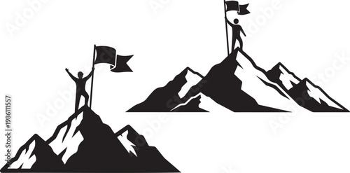 A triumphant figure stands a top a mountain peak raising a flag in a bold striking silhouette high quality. Mountain peak raising vector illustration.