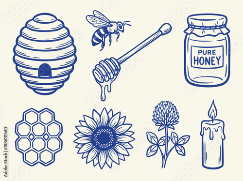 Beehive Honeycomb Bee Flower Candle Jar Icons.