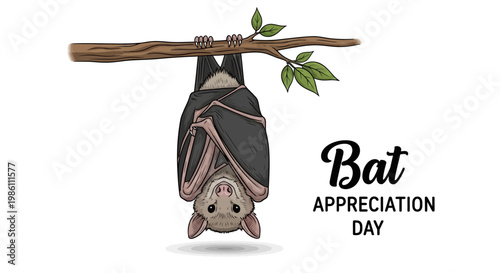 An illustrated vector design commemorating Bat Appreciation Day features a bat hanging upside down from a branch with green leaves, set against a clean white background, rendered