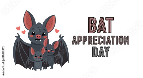A heartwarming vector design commemorates Bat Appreciation Day, showcasing a cartoon bat family of a mother and two babies with loving hearts, set against a clean white background