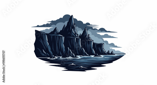 Dramatic jagged rock formations rise from dark, choppy waters under a moody sky