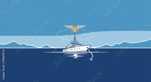 Drone monitors a yacht anchored at sea near distant, stylized shores