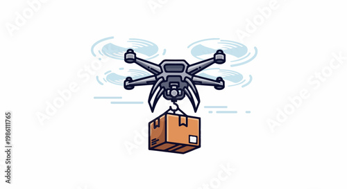 Drone delivering a package, aerial view with cartoon style