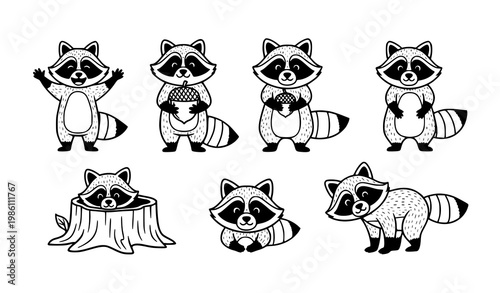 Black and white raccoon cartoon characters vector pack with six outline animals in cute expressive poses