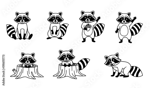 Minimal raccoon line art vector collection with six cute cartoon animals in various poses isolated on white