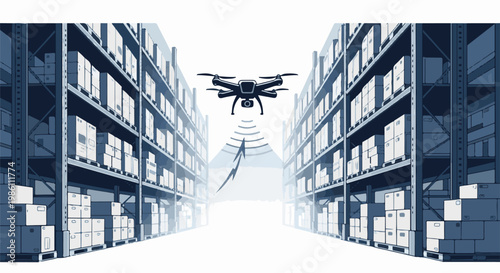 Drone surveilling rows of storage racks filled with boxes in a warehouse