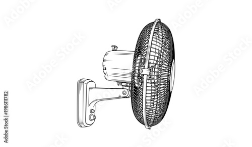 Wall Mounted Adjustable Fan Side View Black and White Vector Illustration