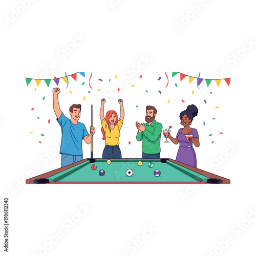 Friends celebrate winning pool game with drinks and confetti at party
