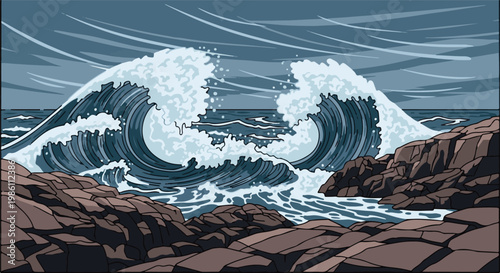 Crashing ocean waves surge against rocky shore under stormy skies