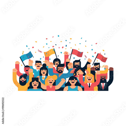 Diverse crowd celebrates with raised fists and flags in a joyful outdoor setting